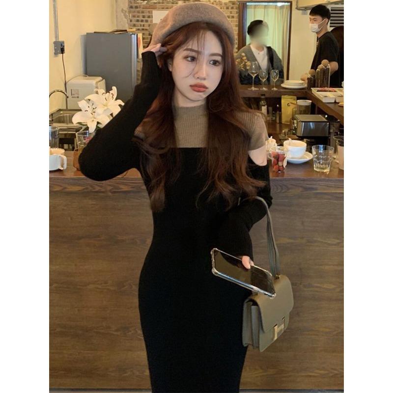 With Coat, Long Sweater Skirt, Over-knee Temperament, Underlay, Off-the-shoulder Knitted Dress for Women's Autumn and Winter