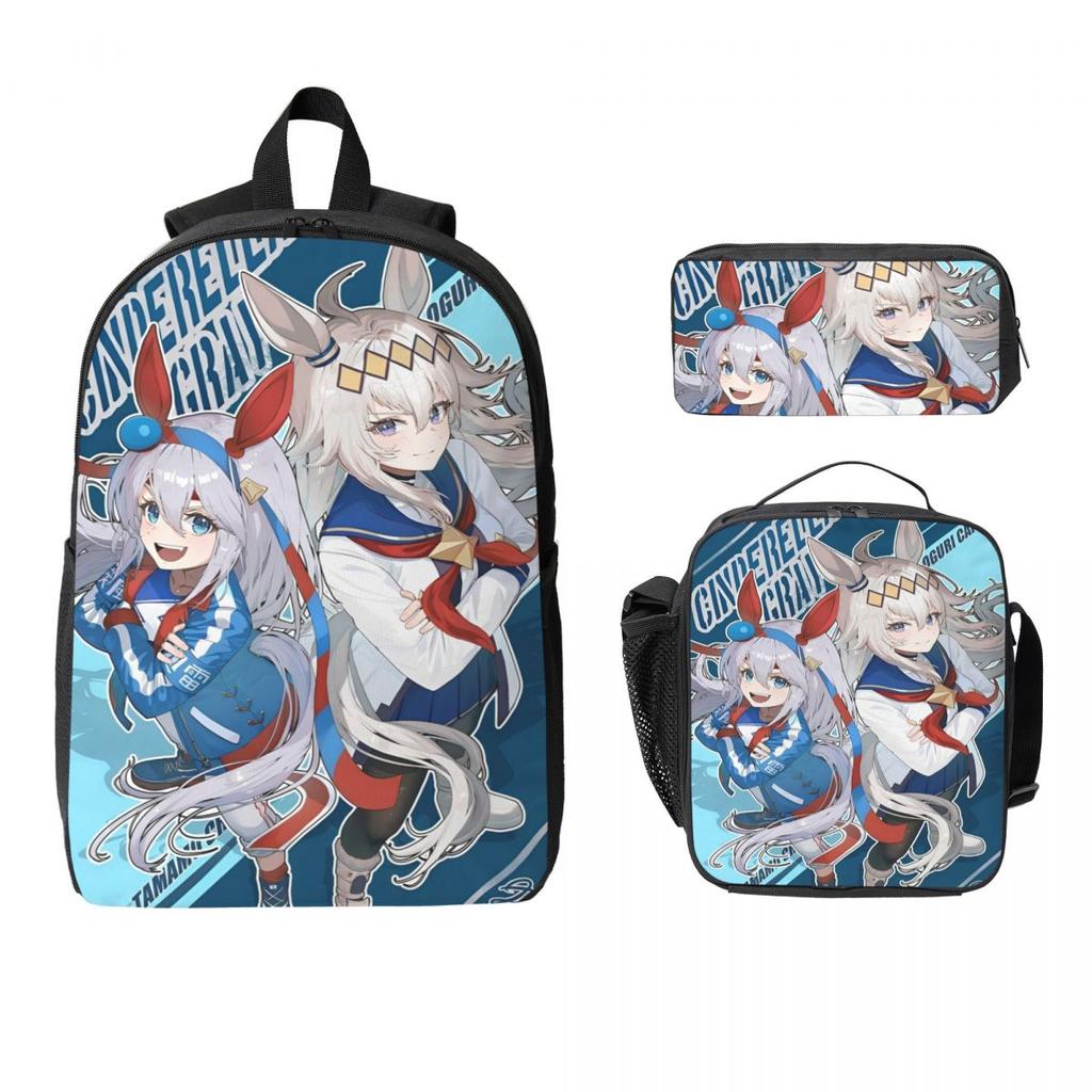 3Pcs Uma Musume Cinderella Gray Backpack Set for Boy Girl Pen Bags Bookbag Sets with Lunch Box For School Students Daypack