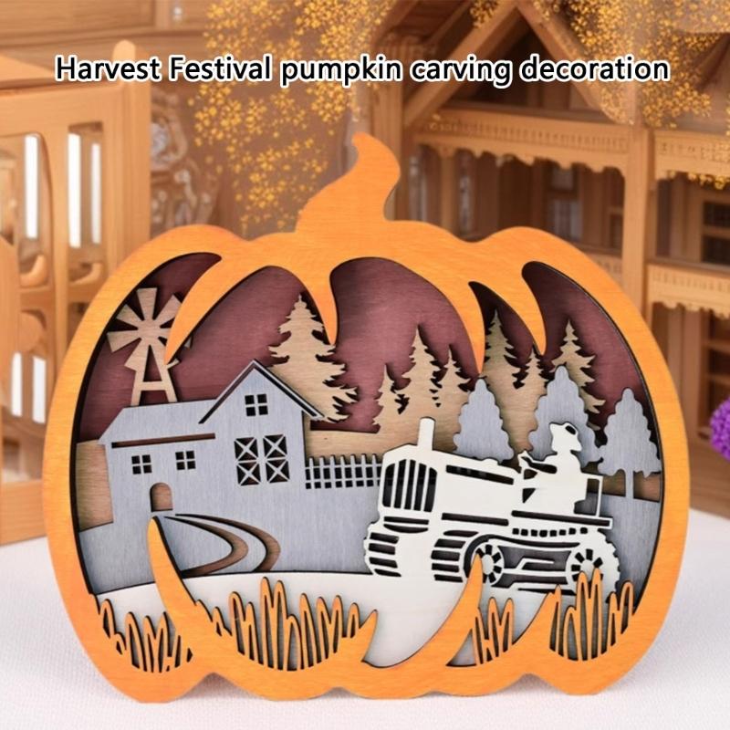 Artisanal Pumpkin Carving Decoration For Thanksgiving Halloween Safe Nontoxic Wooden Craft Ornament Tabletop Shelf