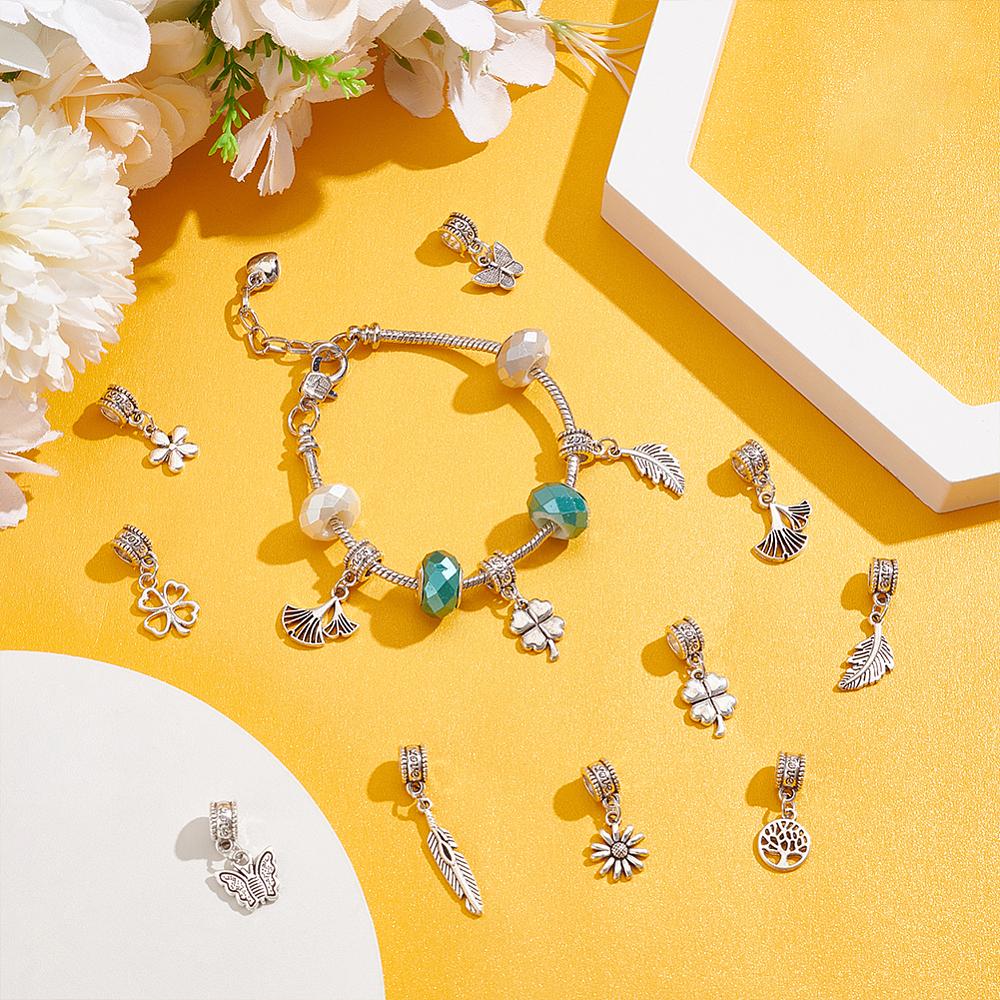 60Pcs 10 Styles Rack Plating Brass European Dangle Charms Large Hole Pendants Mixed Shapes Lead Free & Cadmium Free Antique Silver 22~39mm Hole: 4.5mm
