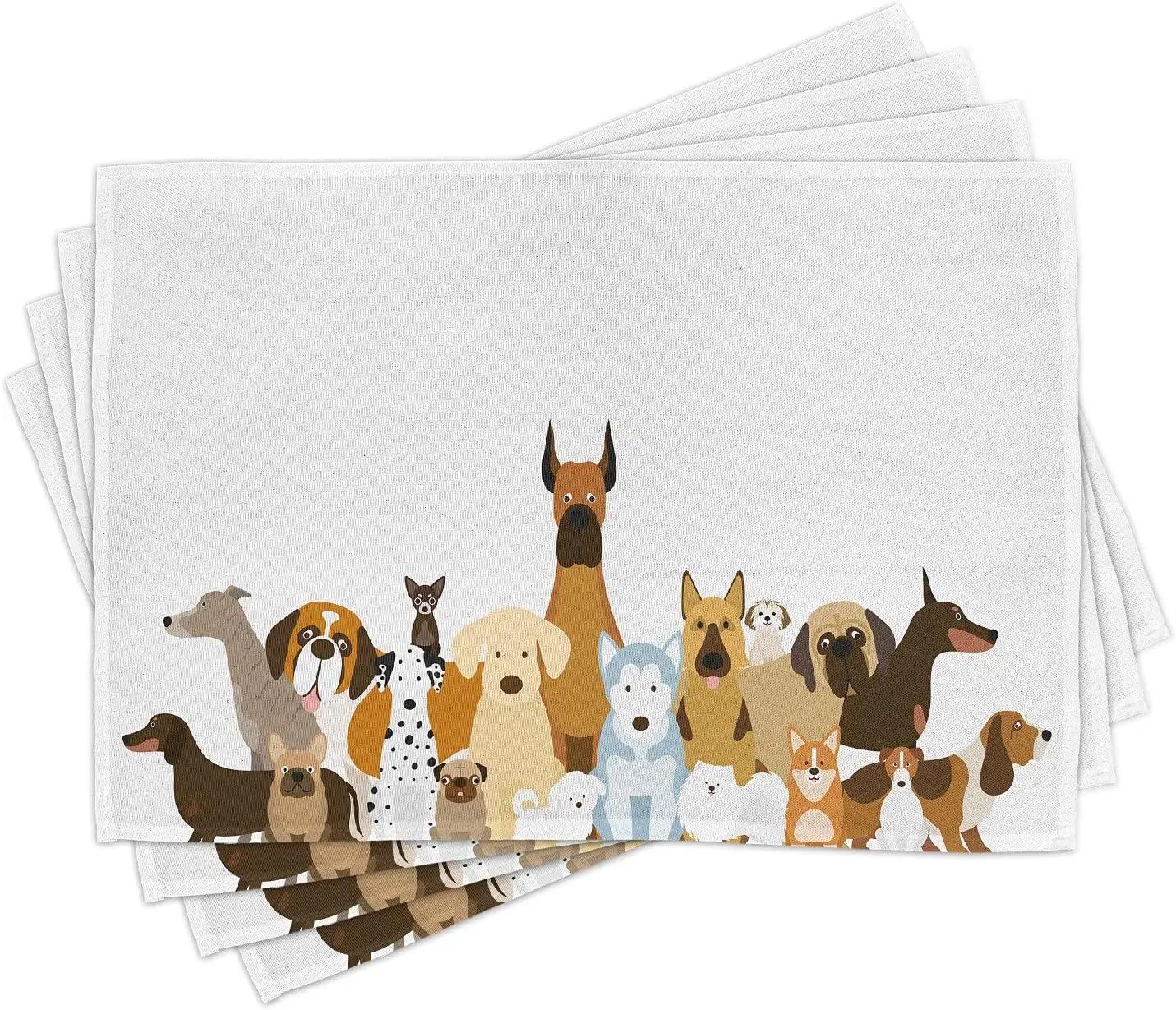 

1PC Cute Dog Lover Place Mats, Cartoon Illustration of Funny Pet Breeds in Various Sizes and Sides Graphic 1PC 30x45CM