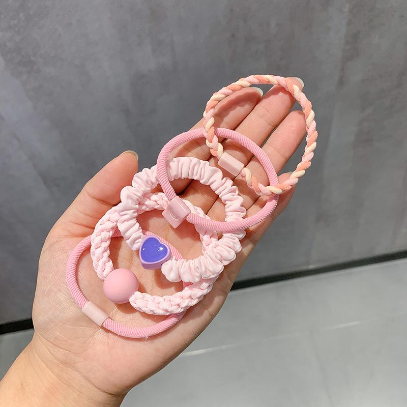 5/10pcs/Set Simple Heart Ball Charms Scrunchie No Damage Elastic Braided Hair Ties Ropes Women Girls Ponytail Holder Rubber Band