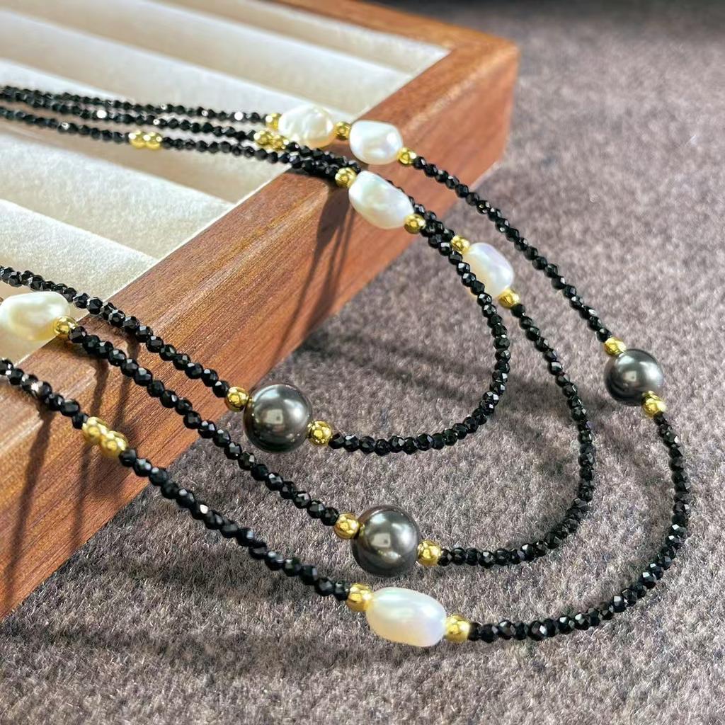 Vintage Design Sense Natural Baroque Pearl Faux Crystal Tahitian Black Pearl Collarbone Chain Necklace