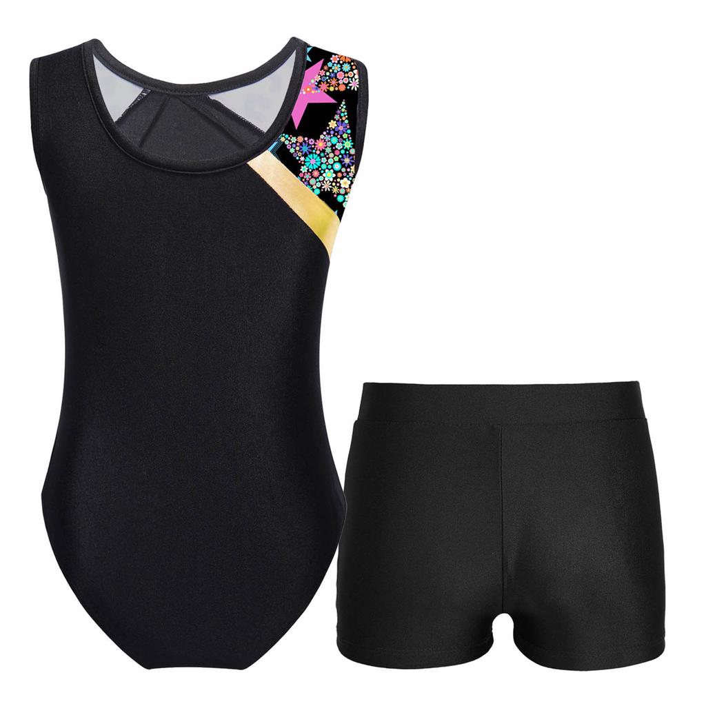 Maillot de ballet sans manches patchwork imprimé pour fille, short avec ceinture en V à la taille, tenue de danse et de gymnastique