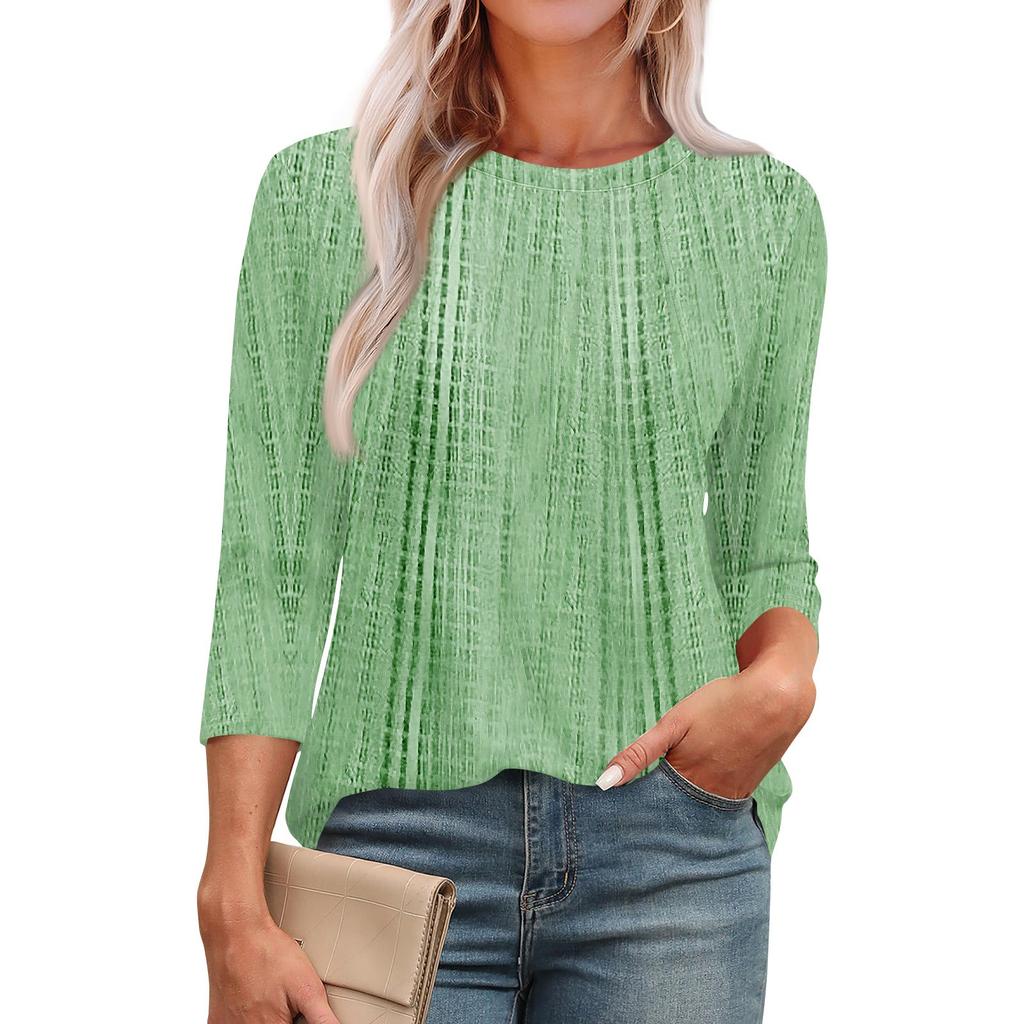 Omen's Fashionable Round Neck 3/4 Sleeve Printed Casual Basic Pleated Pullover T-shirt Top