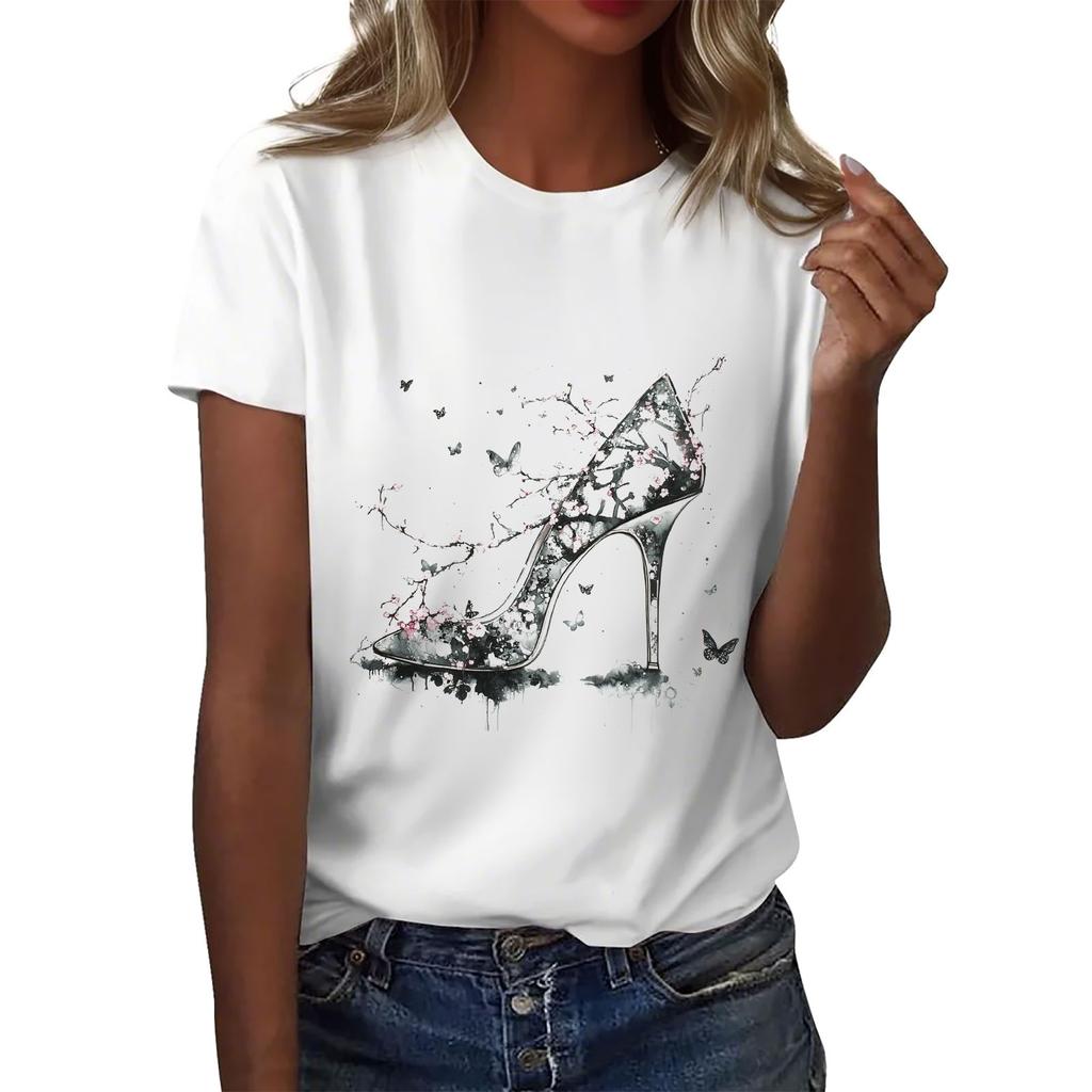 Dámské tričko s kulatým výstřihem pro volný čas s potiskem a krátkým rukávem