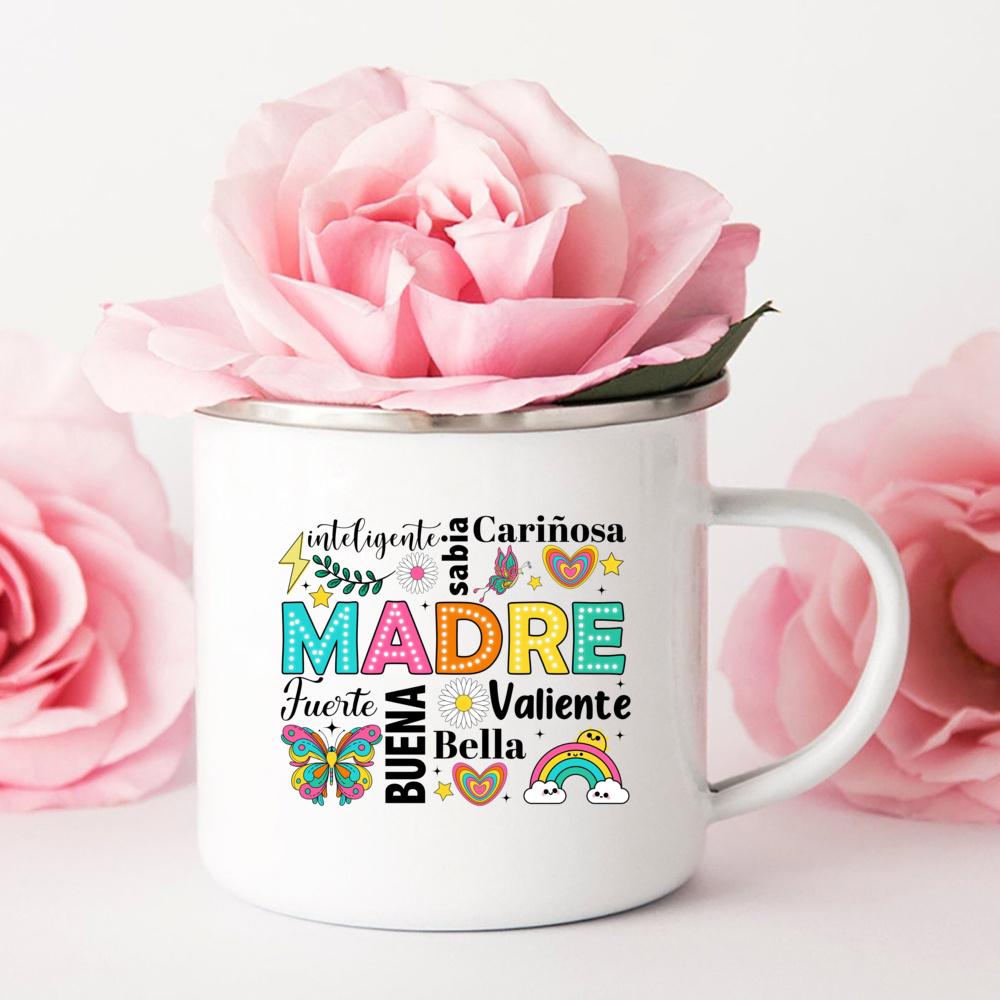 Intelligent Loving Brave Mother Spanish Print Enamel Coffee Mug Drinks Milk Cup Camping Mugs Birthday Mother's Day Gift for Mom