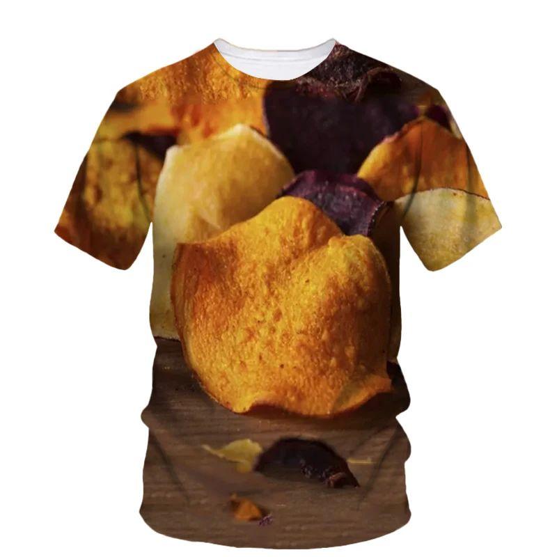 Summer Men Creative Personality Potato Chip Snack Pattern T-Shirt Fashion Interesting O Neck Short Sleeve Loose Plus Size Top