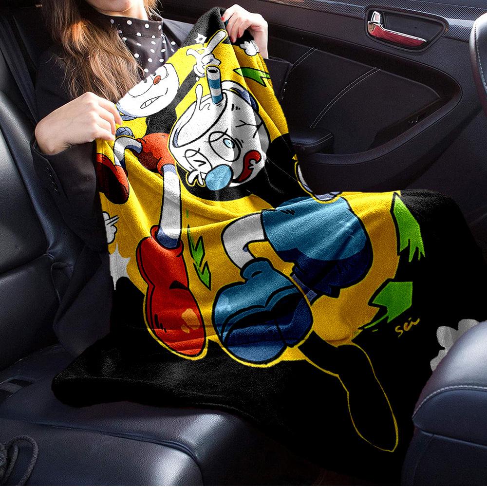 1pc Cuphead",Mugman",Art" Digital Print Flannel Blanket - Contemporary Style, Suitable for All Seasons, Perfect for Home, Travel, or Camping