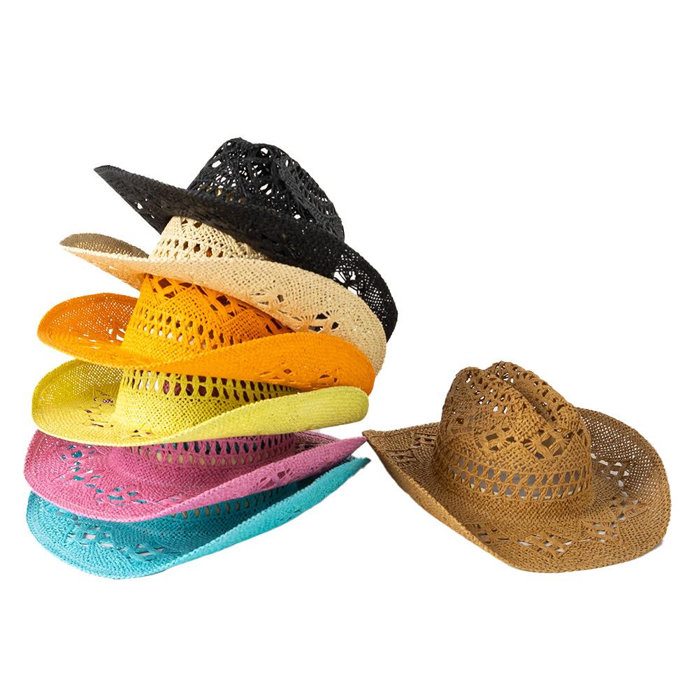2023 New Fashion Casual Hollowed Out Hand Braided Bow Webbing Cowboy Straw Hat Outdoor Travel Sun Protection Sunshade Straw Hat