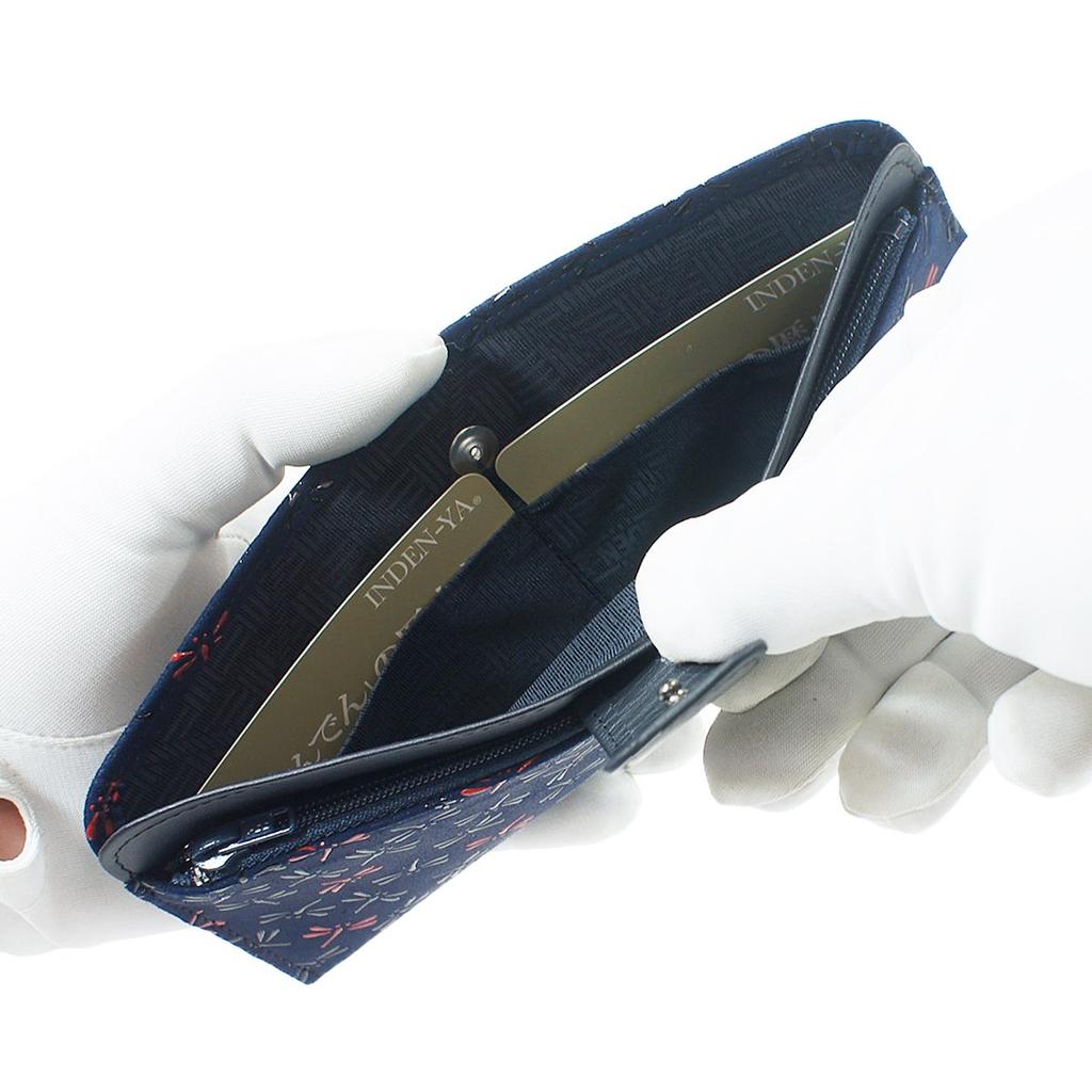 [Inden-ya] Inden Long Wallet, Thin, with Coin Purse, Deerskin, Nagomi Design, Dragonfly Pattern, Navy Blue with Black and Red Lacquer, 7512