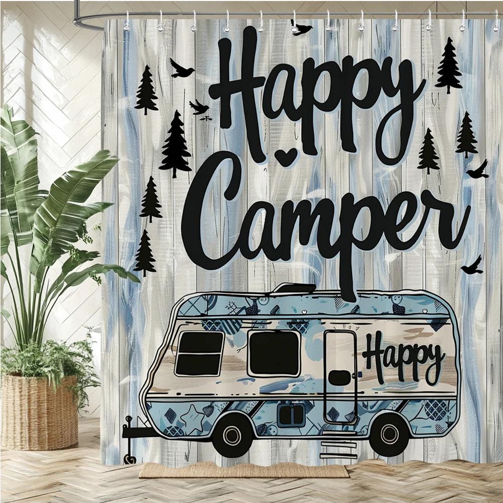 Happy Camping Cartoon Shower Curtain – Fun Car & Tent Print | Bathroom Bath Curtain for Home Decor & Outdoor Lovers