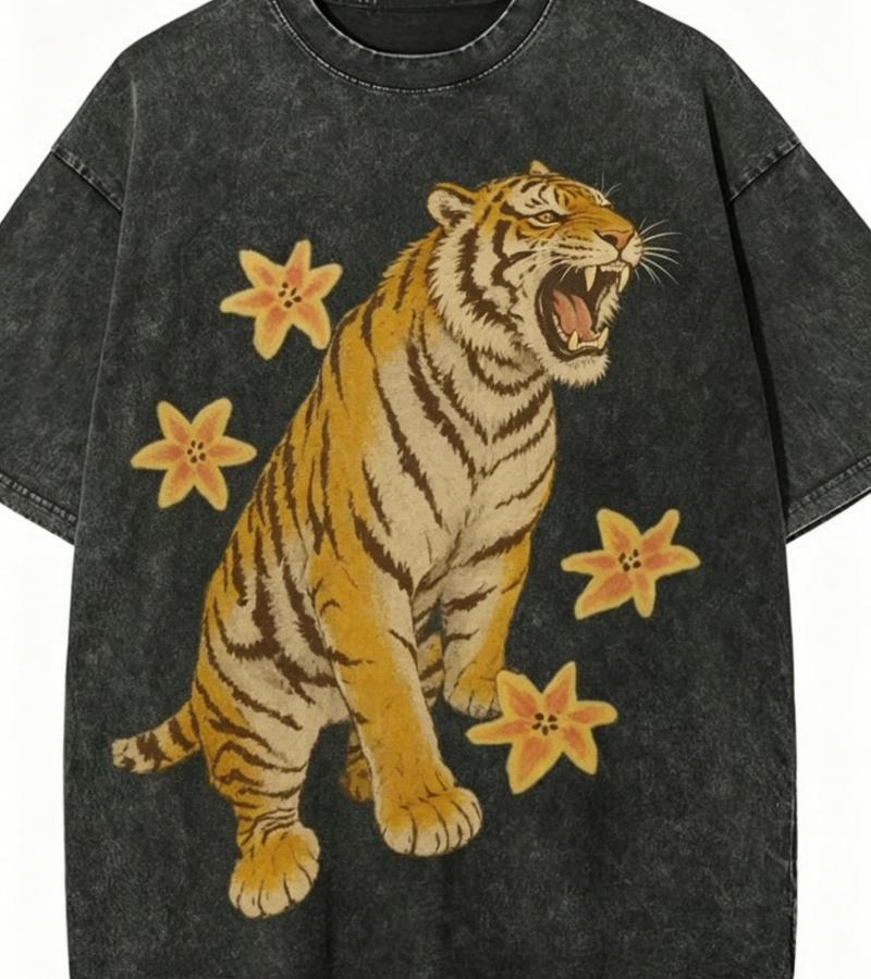 Vintage Washed Black Tiger TShirt Retro Japanese Ukiyoe Style Streetwear Casual Oversized Animal Graphic Tee for Men Women