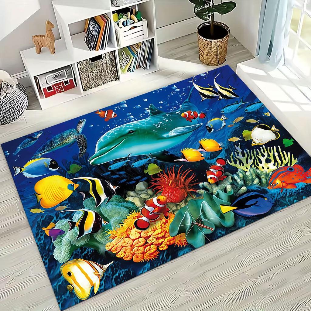 2026 New Underwater World Sea Dolphin Turtle Coral Rug for Bedroom Living Room Sofa Home Doormat Decor,Kids Non-slip Floor Mat