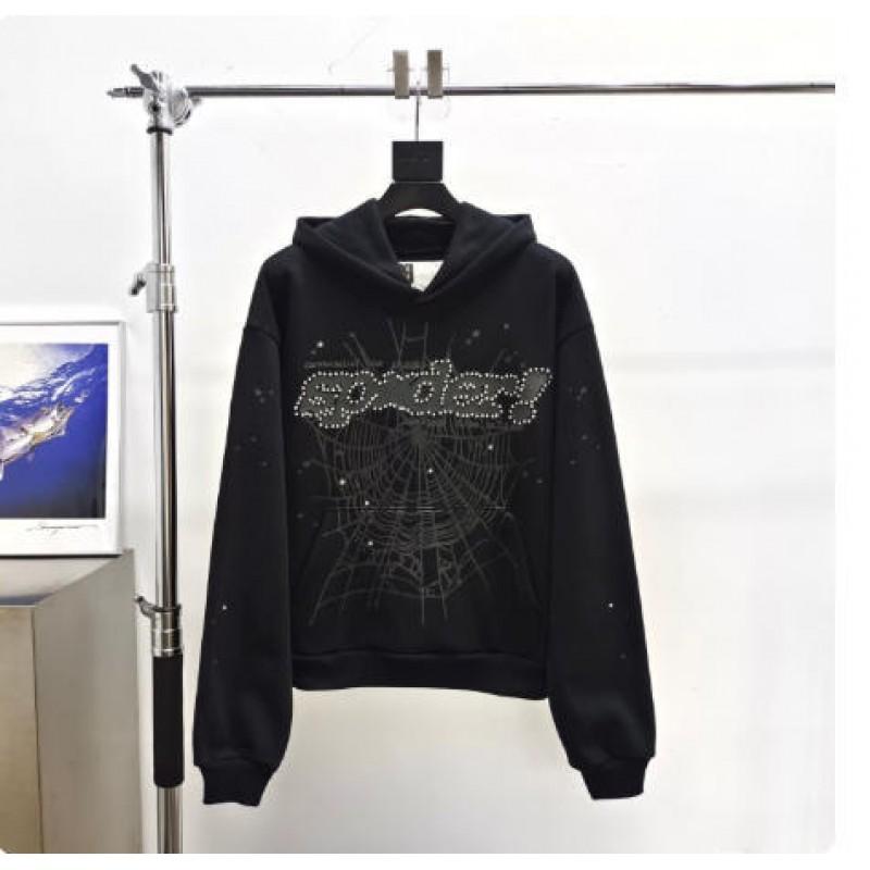 Felpa Sp5der Oversize Spessa in Pile con Stampa a Foglia Ragnatela Design Uomo Inverno Casual