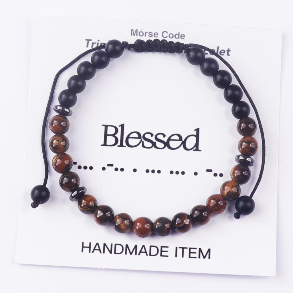 Woven Morse Code Bracelet 6mm Tiger's Eye Stone Black Frosted Code Bracelet Tiger's Eye Stone Morse Code Bracelet
