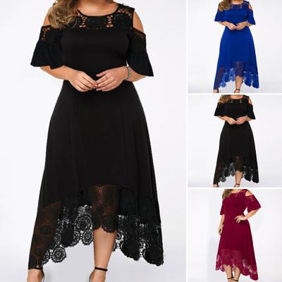 O-neck Flare Short Sleeve Cold Shoulder High-Waist Plus Size Women Dress Embroidery