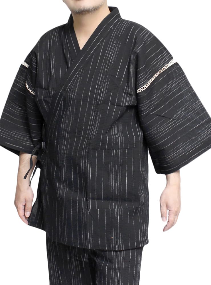 One Colors Shijira Weave Jinbei Japanese Solid Size 3L Men's Set, Pattern, Color, Striped, Black, (4)