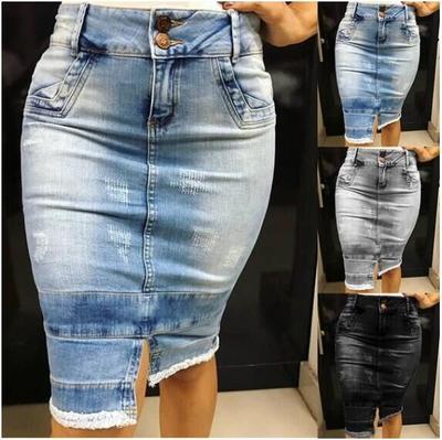 Washed Denim Skirt Splicing Split Fork Hip Fish Tail Skirt