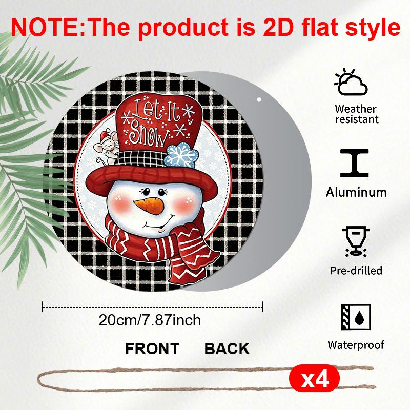 2D Flat, 4pcs Round Aluminum Hanging Sign Set, Vintage Warm Xmas Metal Door Plaque Combo, Farmhouse Porch Yard Balcony Kitchen Home Xmas Wall Decor