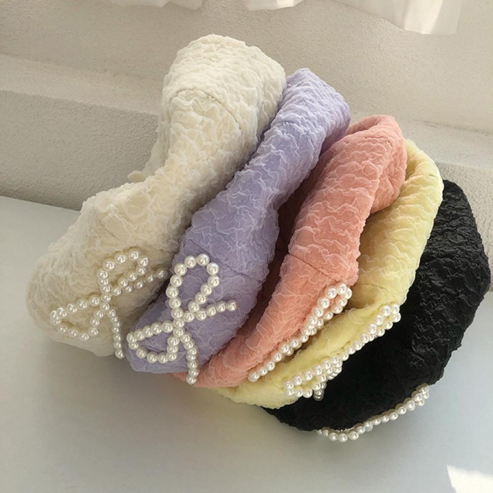 

Cotton Pearls Bow Soft Hat Street Style Octagonal Brimless Hat Vintage Women Artist Hat School