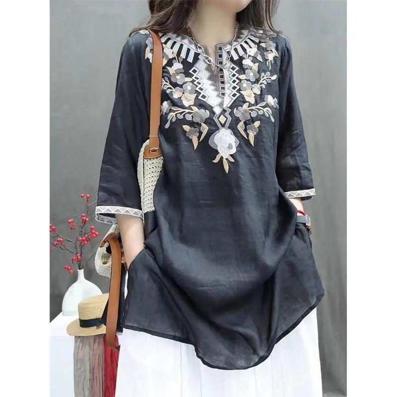 

Женская летняя блузка с цветочной вышивкой, винтажная тонкая рубашка с разрезами 3XL темно-синий