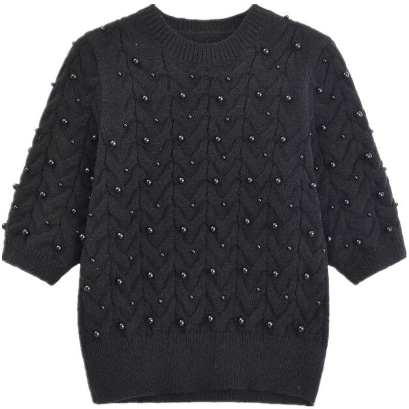 Fashion Style 2024 Spring New Arrival Women's Slim Artificial Decorated Pearls Short Sleeve Knitwear 1957103 800