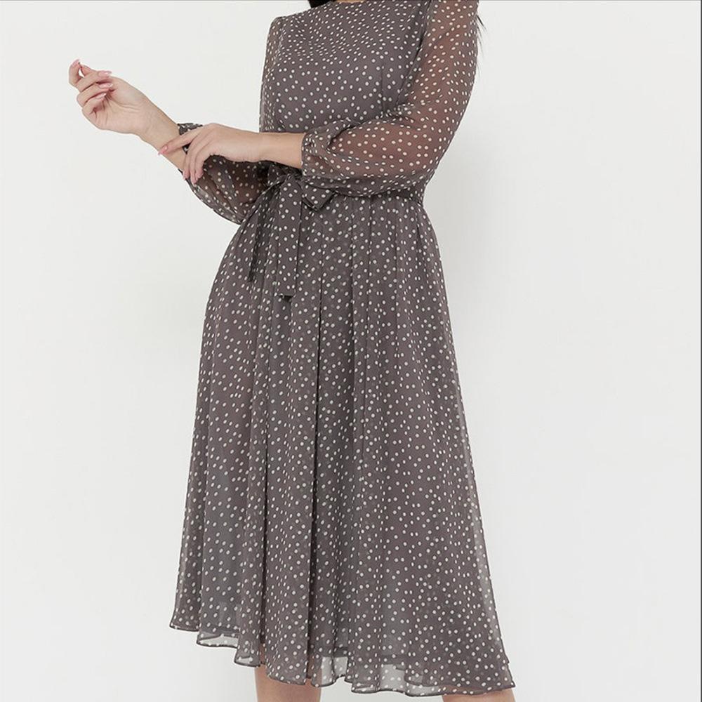 Frühling Herbst Chiffon Polka Dot Kleid Langarm O Neck Casual Elegante Hohe Taille Pullover Frauen Midi Kleid Robe Femme