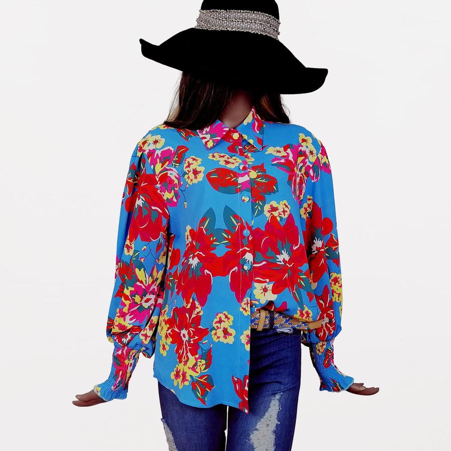 

Модна жіноча сорочка з довгим рукавом та принтом Осінній топ XL синій