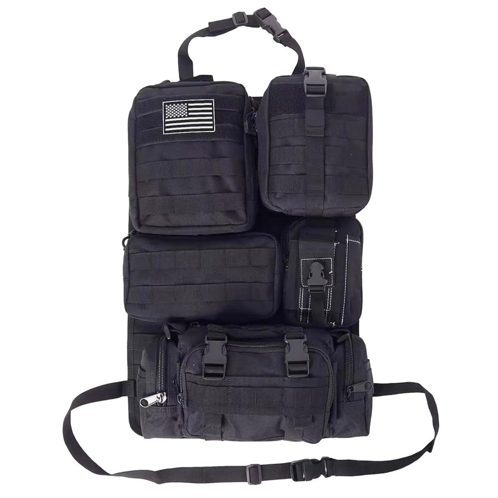 MOLLE Vehicle Universal Car Seat Back Molle Panel Organizer Storage Bag with 5 Detachable Molle Pouches Organizer, Organizer,