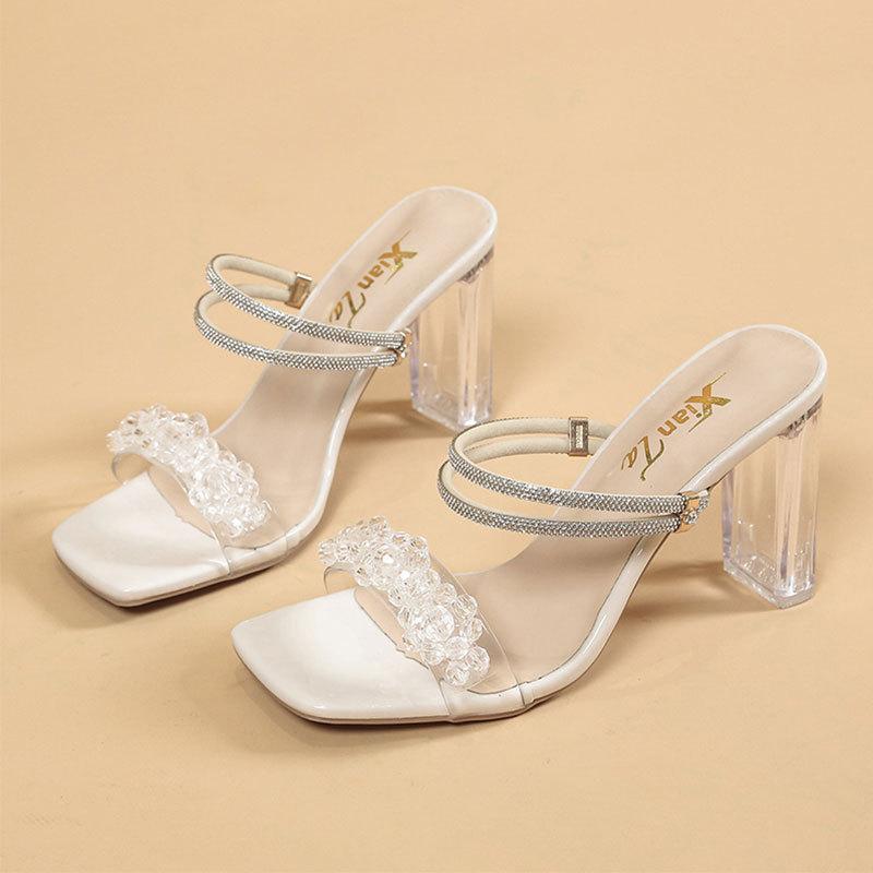 French crystal thick-heeled slippers for women's summer wear 2025 new fairy feng shui diamond two wear temperament high-heeled sandals
