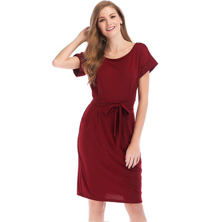 Buy Elegant Pure Color Women Dress Short Sleeves Cotton Knee