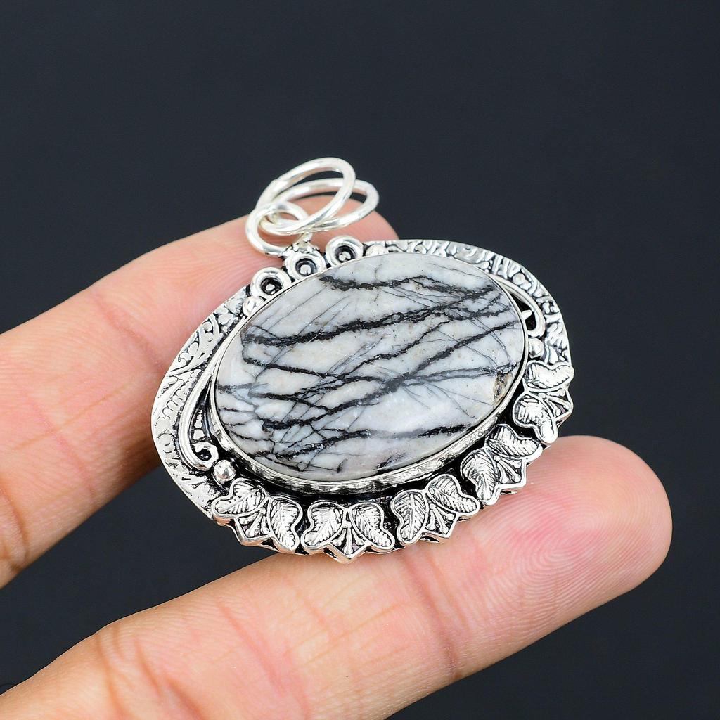 925 Sterling Silver Natural Spider Web Jasper Trendy Handcrafted Wedding Pendant