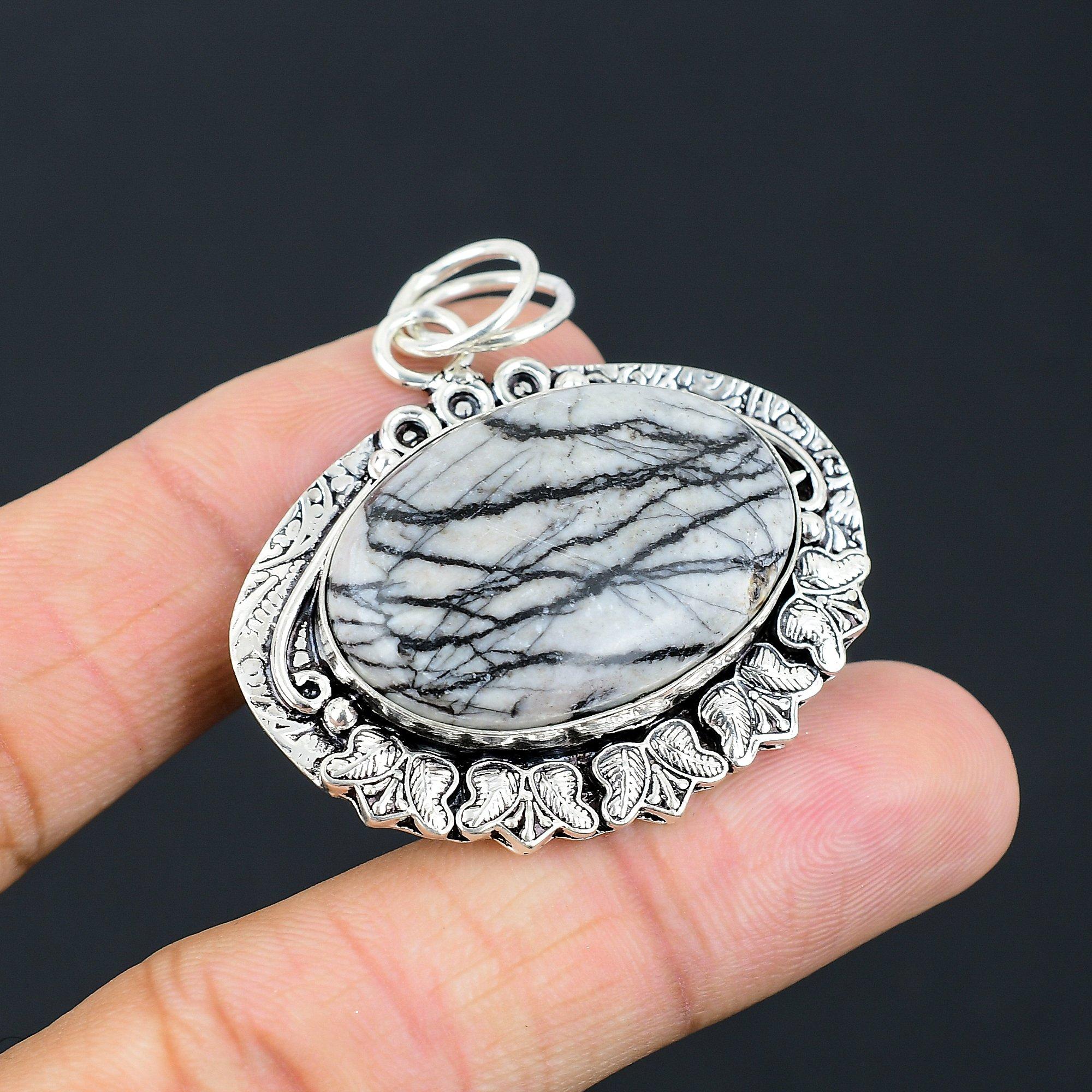 925 Sterling Silver Natural Spider Web Jasper Trendy Handcrafted Wedding Pendant