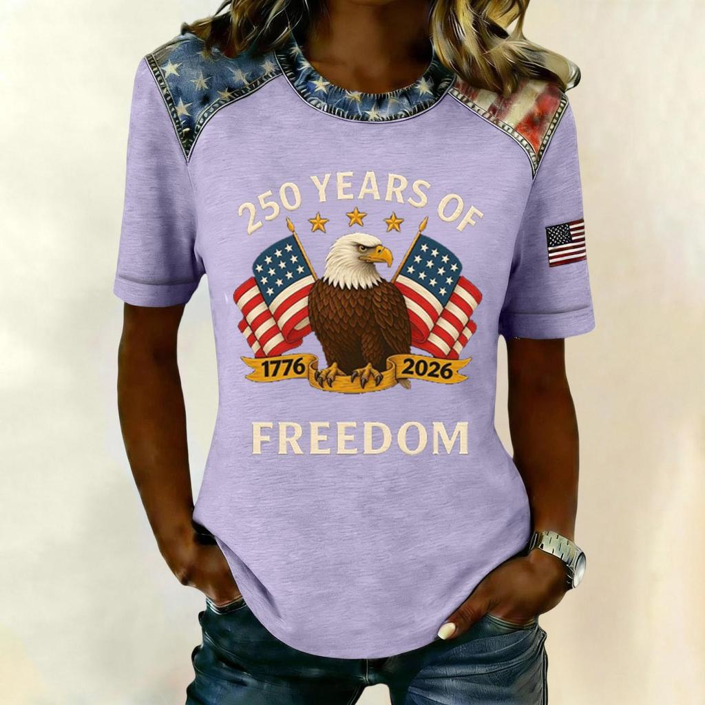 Women's Casual Short Sleeve T Shirt 250 Years of Freedom Patriotic Graphic Tee with Eagle and Flag Print Comfortable Fit