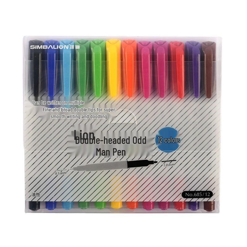 Taiwan Male Lion Double-Ended Oil-Based Marker Pens - Set of 12 Colorful Drawing Pens for Kids Art