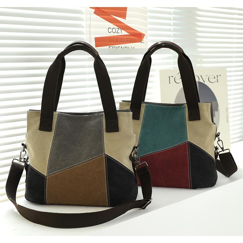Women's Contrast Canvas Tote Bag Female Large Capacity Contrast Stitching Bag Shoulder Handbag