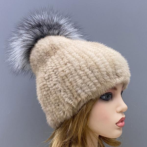 

Женская зимняя пушистая шапка с помпоном из натурального меха норки, вязаная шапка-бини из лисьего меха, теплая, стильная, эластичная меховая шапка бежевый