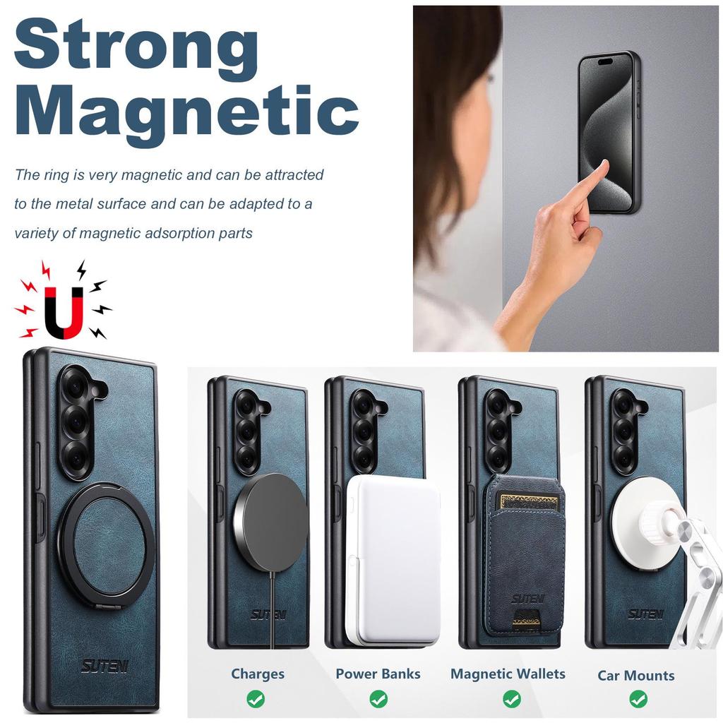 Samsung Z Fold 7/6/5 Magnetic Wireless Charging Leather Case with 360° Rotating Ring Stand