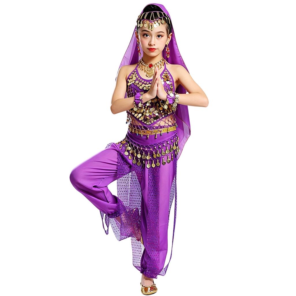 Costume Danza Indiana per Bambine Outfit Danza del Ventre per Bambini Festival Abbigliamento Danza Tradizionale per Bambini con Decorazioni a Monete e Set in Tessuto Trasparente