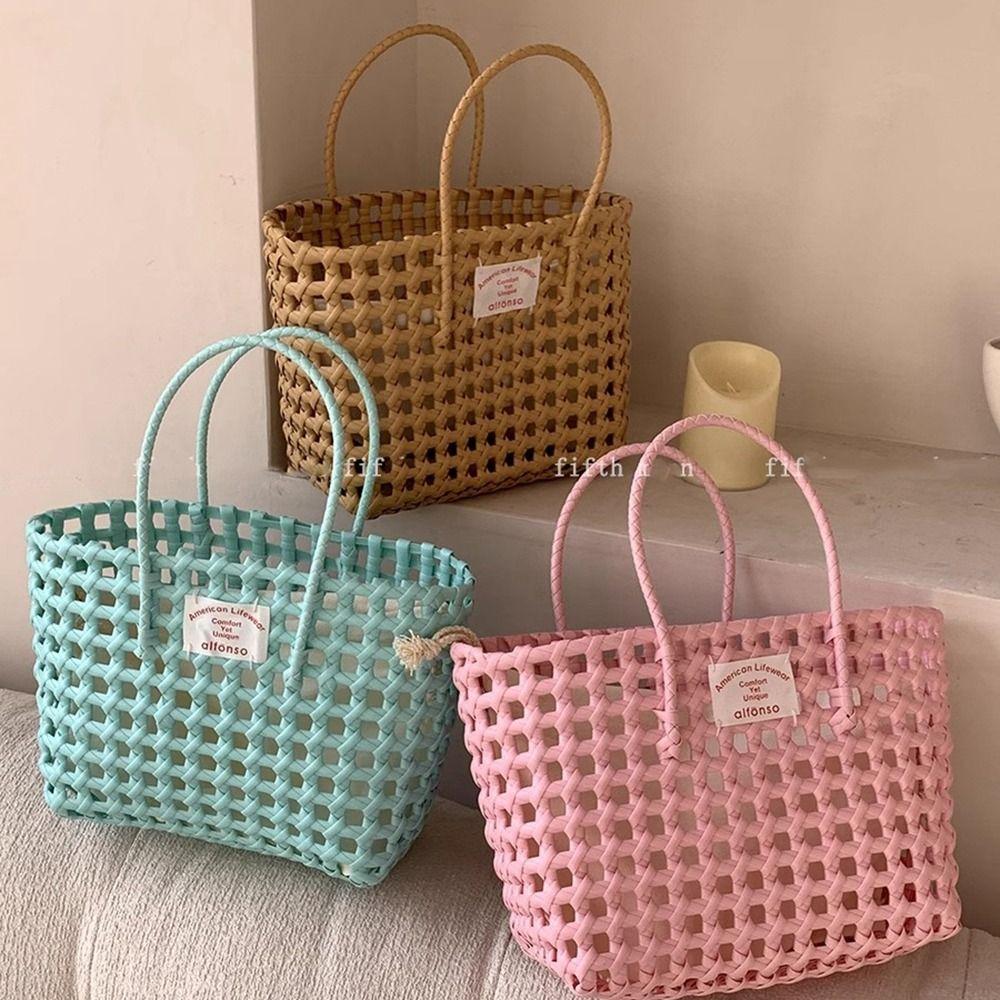 

Bohemian Style Beach Tote Bag Countryside Style PVC Handbag Cute Hollow Weave Bag Girls рожевий