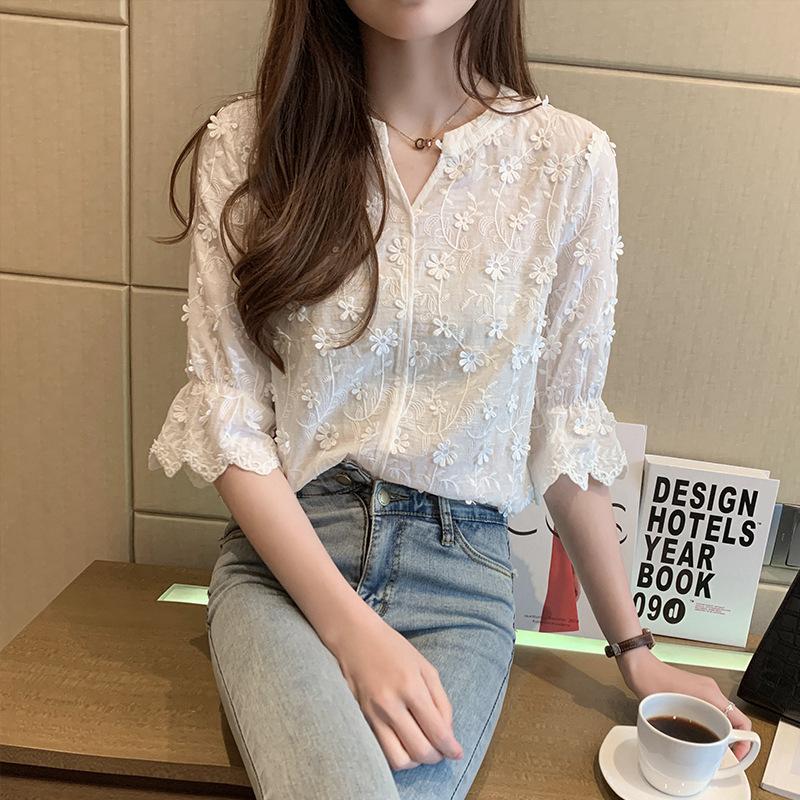 Women's Short Sleeve Lace Blouse Summer Tops Embroidery Floral White Shirt