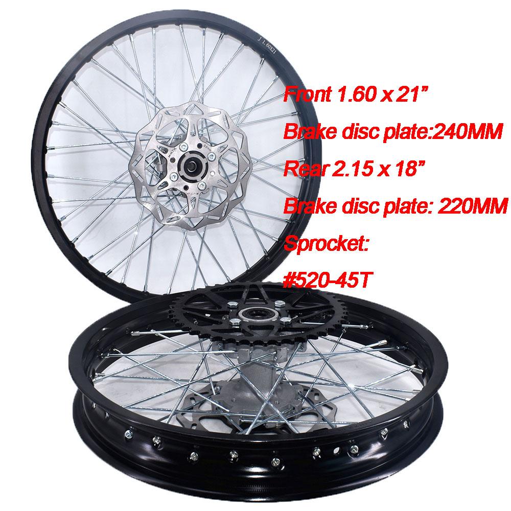 Motorcycle 1.60-21 Rim and 2.15-18 Front Rear Wheel With #520-45T Sprocket 240MM/220MM Brake Disc Plate for Kayo T2 Pit Bike