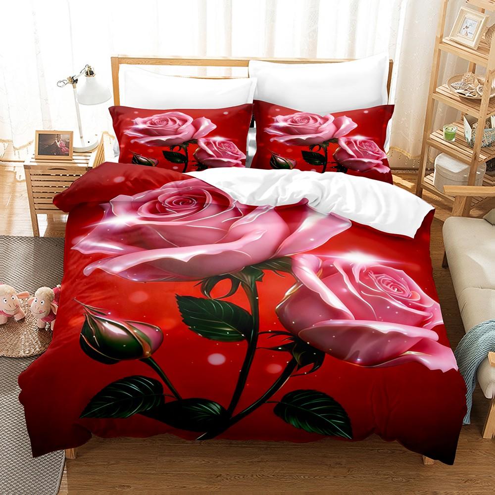 3Pcs Valentine'S Day Romantic Rose Love Pattern Duvets Cover Set,Valentines Day  Pattern And 1/2Pcs Pillowcase Girls Roomdecor