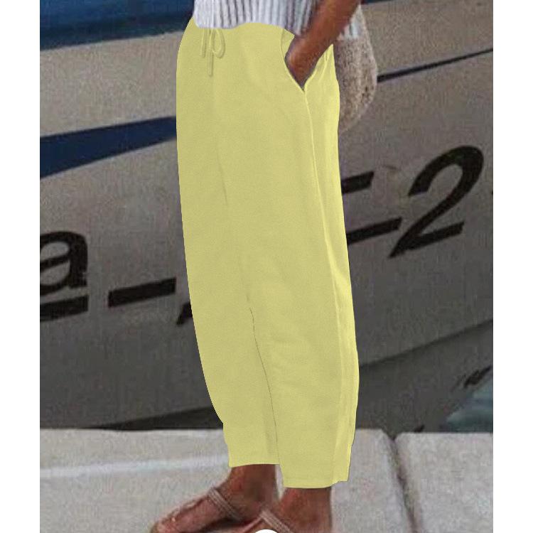Women's Elastic Waist Linen Pants Loose Fit Casual Trousers Solid Color Pocket Harem Pants