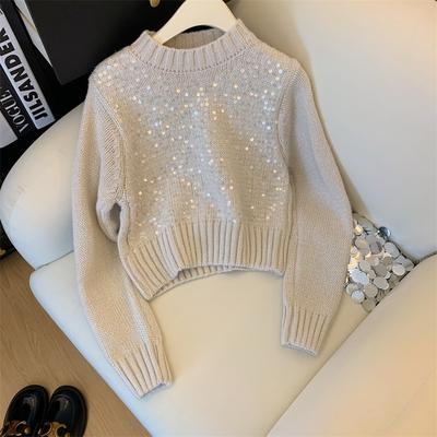 Real Sequined Knitted Sweater Top Women's Autumn and Winter New Lazy Wind Round Neck Heavy Industry Super Good-looking Short Sweater