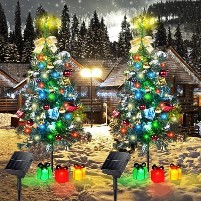 Decorações solares para árvores de Natal Luzes externas 1 pacote com 30 LED 22 enfeites de Natal 3 caixas de presente iluminadas 8 modos 30 polegadas Mini árvore de Natal pré-iluminada