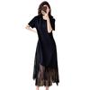 2024 French Designer Black Lace Patchwork Dress: Elegant, Slimming, Short-Sleeve