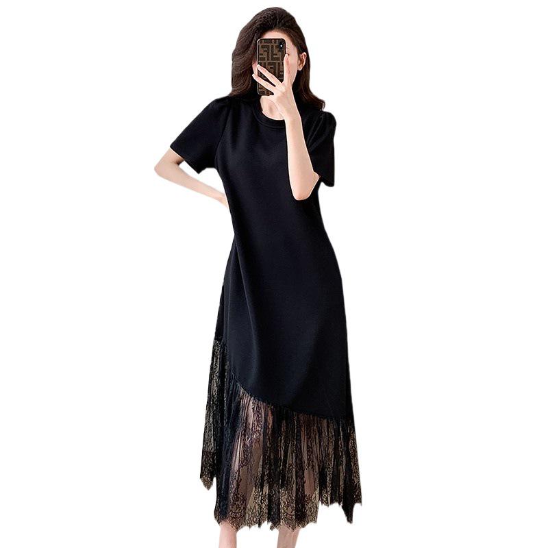 2024 French Designer Black Lace Patchwork Dress: Elegant, Slimming, Short-Sleeve