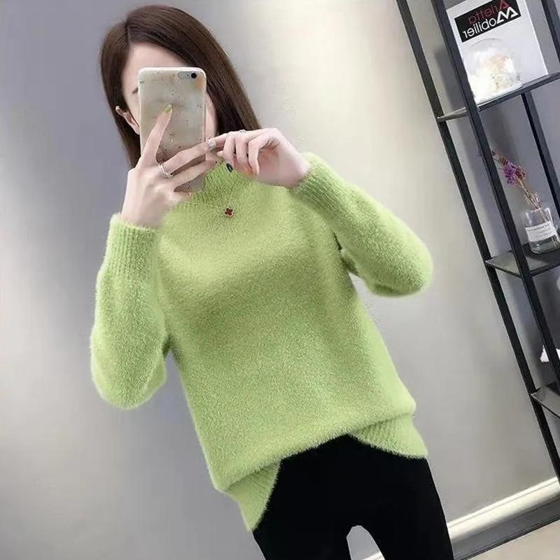 Golfy Jednokolorowe Elastyczne Swetry Casualowe Damskie Jesienno-zimowe Swetry Z Długim Rękawem Sweter Dzianinowy